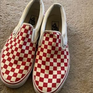 White and red checker board vans slip on